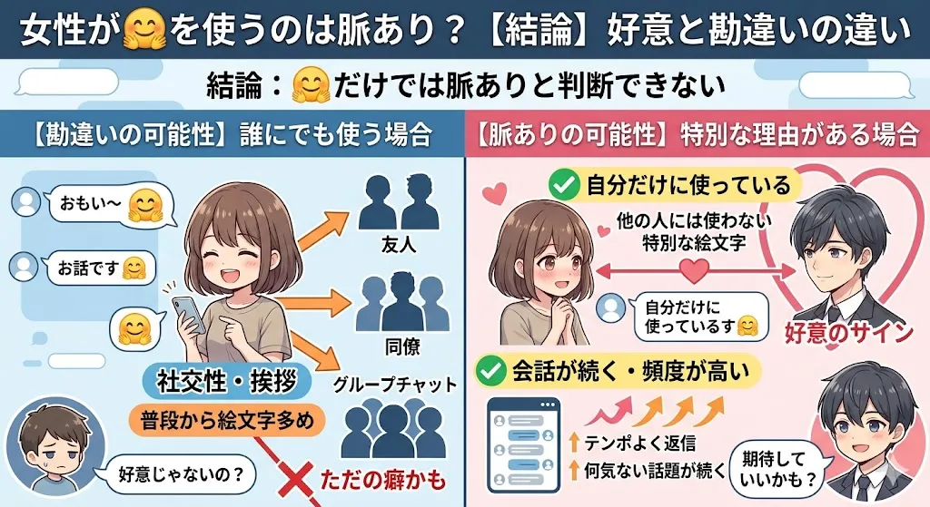 女性が🤗絵文字を使う場合の脈ありと勘違いの違いを比較した解説イラスト