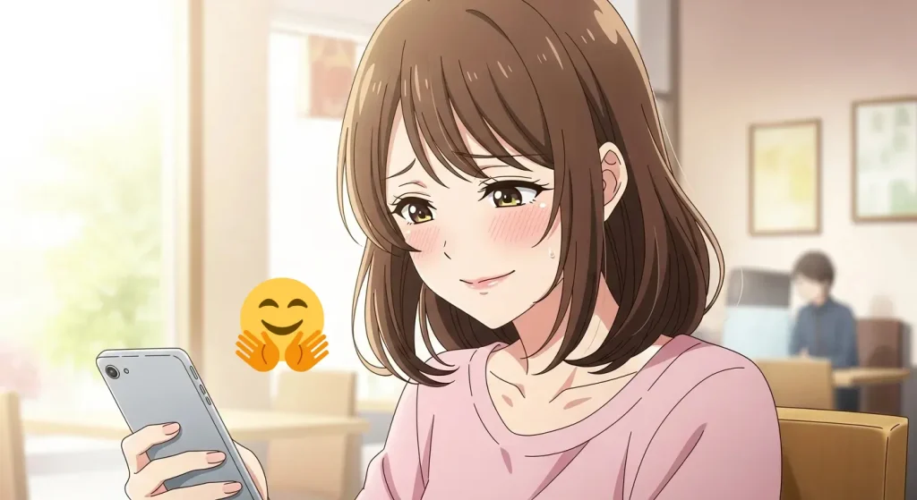 女性がスマホでハグの顔絵文字を送りながら照れた表情をしているイラスト