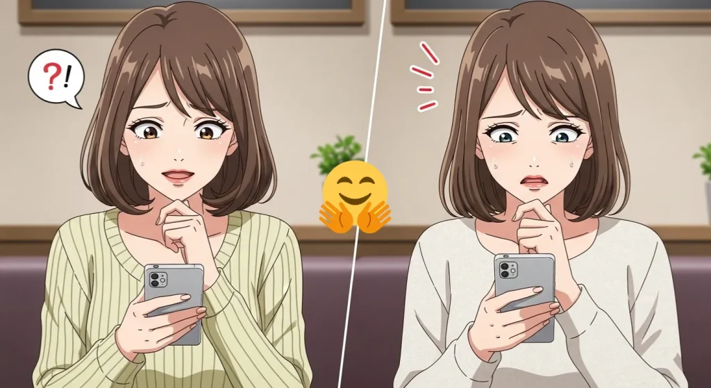 女性がハグの顔絵文字を見て脈ありかどうか迷い戸惑っている様子を表したイラスト