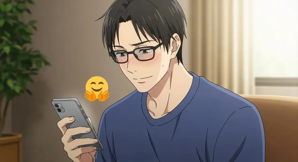 男性がスマホでハグの顔絵文字を送りながら照れた表情をしているイラスト