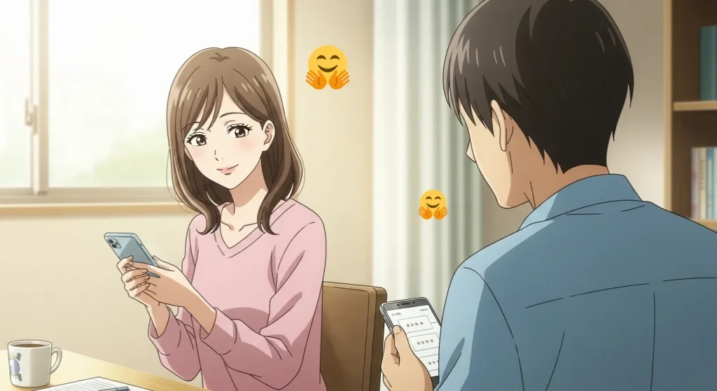 女性が男性にハグの顔絵文字を送りながら優しく微笑む様子を表したイラスト