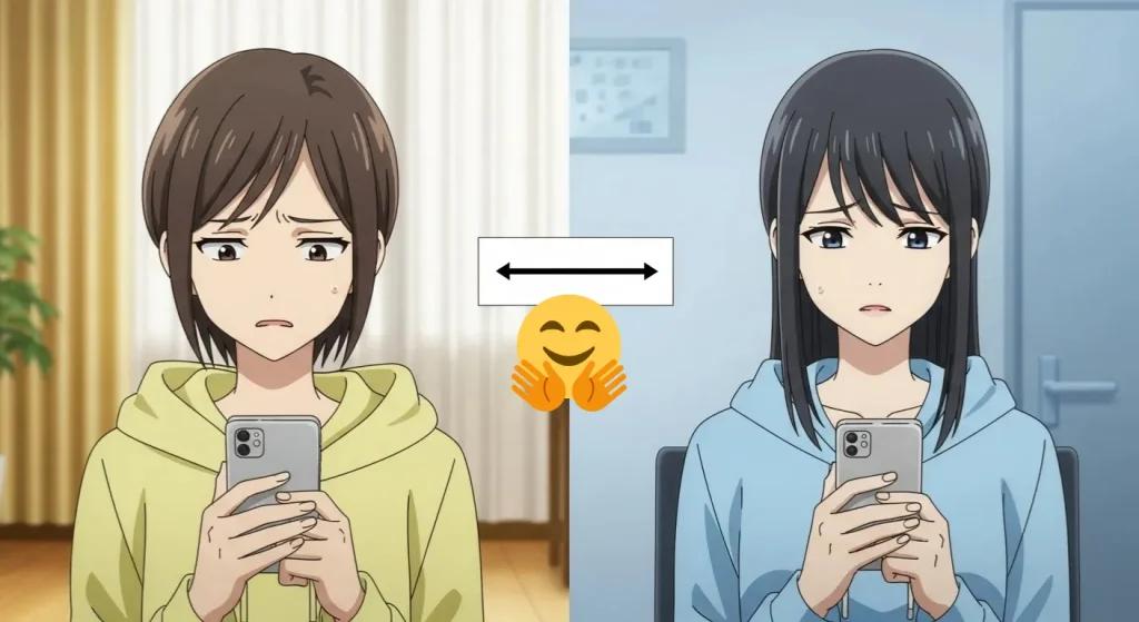 ハグの顔絵文字に対して距離感の違いに困惑する女性の心理を表したイラスト