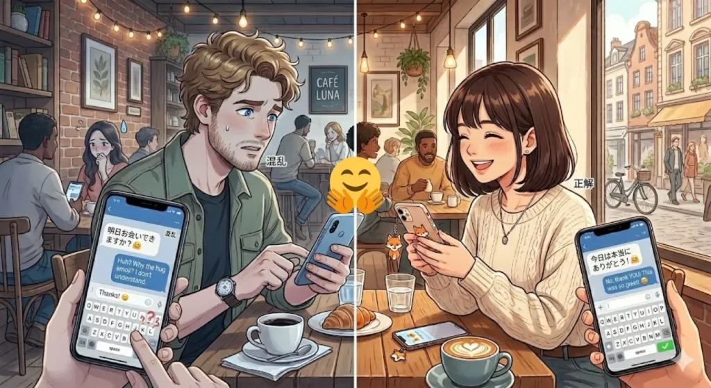🤗ハグの顔絵文字の使い方の違いを表したアニメイラスト。海外で誤解されて困る男性と、正しく使って笑顔で会話する女性の対比シーン