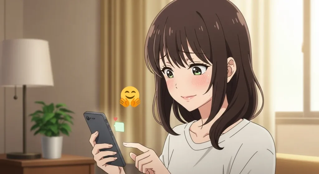 女性がスマホでハグの顔絵文字を送りながら照れた表情をしている好意のサインを表したイラスト