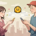 スマートフォンでやりとりをしている日本人女性と欧米人男性のアニメ風イラスト。会話の中で🤗（ハグの顔絵文字）を送り合い、背景には都市のシルエットが描かれている。