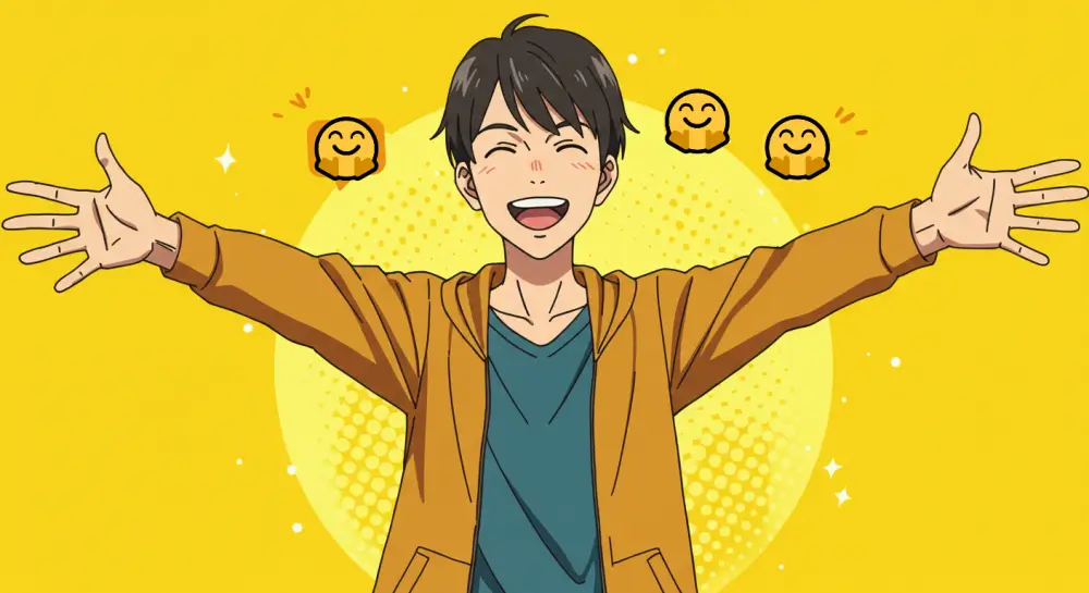 ハグの顔絵文字🤗を使う男性の本音と意味を象徴するアニメイラスト。明るい黄色背景で、両手を広げて笑顔を見せる青年キャラ。複数の🤗絵文字が周囲に浮かぶ。