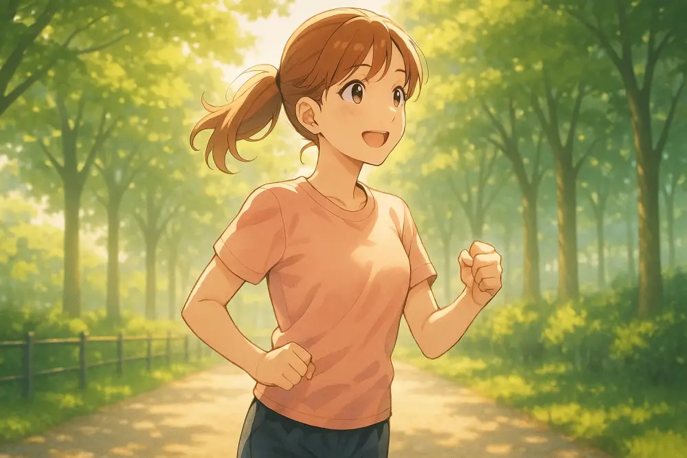 早朝の公園を笑顔でジョギングする女性。光が差し込む並木道を前向きに走る姿が、再出発を象徴するイラスト
