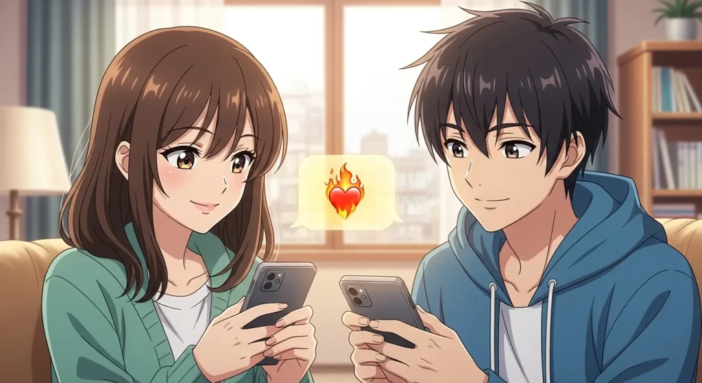 LINEで燃えるハート❤️‍🔥を送り合う男女の心理をイメージしたアニメイラスト