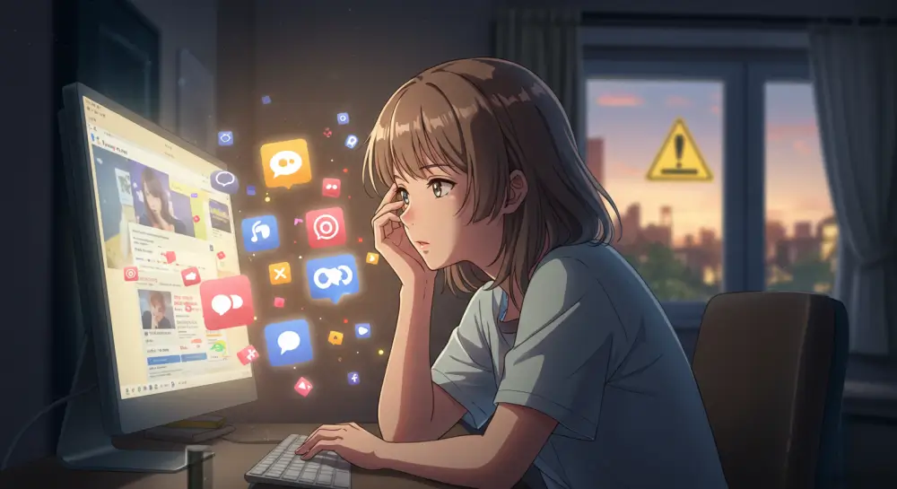 SNSの通知アイコンに囲まれながら、不安そうにPC画面を見つめる女子学生のイラスト。背景には夕焼けの光が差し込み、警告マークやハートなどのポップなアイコンが浮かんでいる