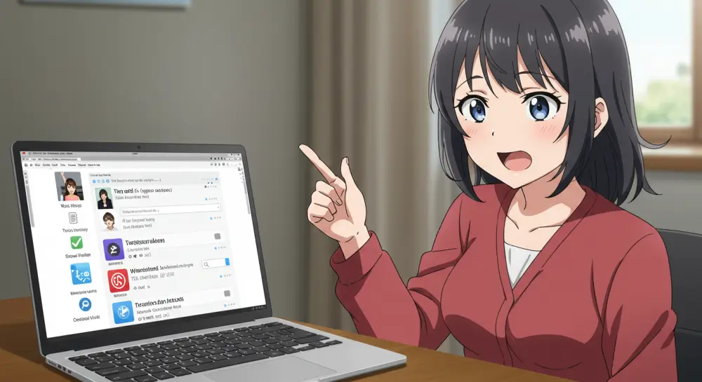TwStalkerの使い方を笑顔で説明している女性キャラクターのイラスト。ノートパソコンの画面には検索結果が表示されており、女性が指をさして案内している