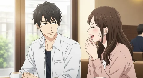 大人しいけど面白い男性が女性を笑わせているカフェでの会話シーン