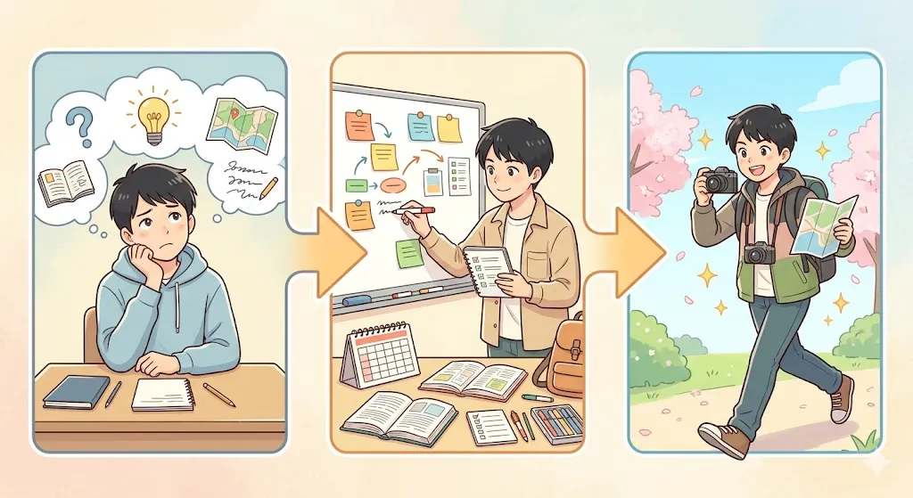 大人しいのに行動力がある理由｜思考から準備、行動までの流れを示したイラスト