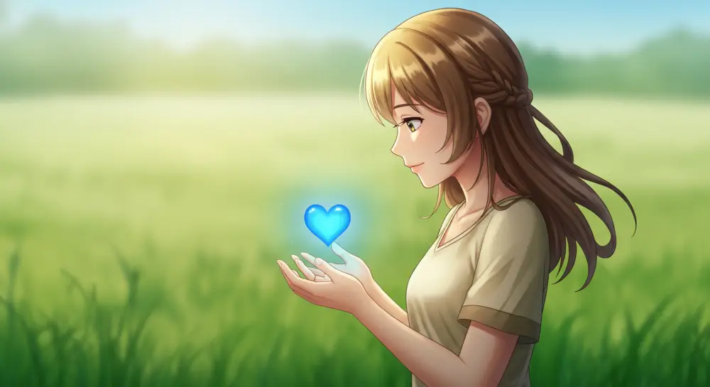 草原の中で青いハートを両手でそっと包み込む女性キャラクター。落ち着いた雰囲気の私服でやさしく微笑んでいるイラスト。
