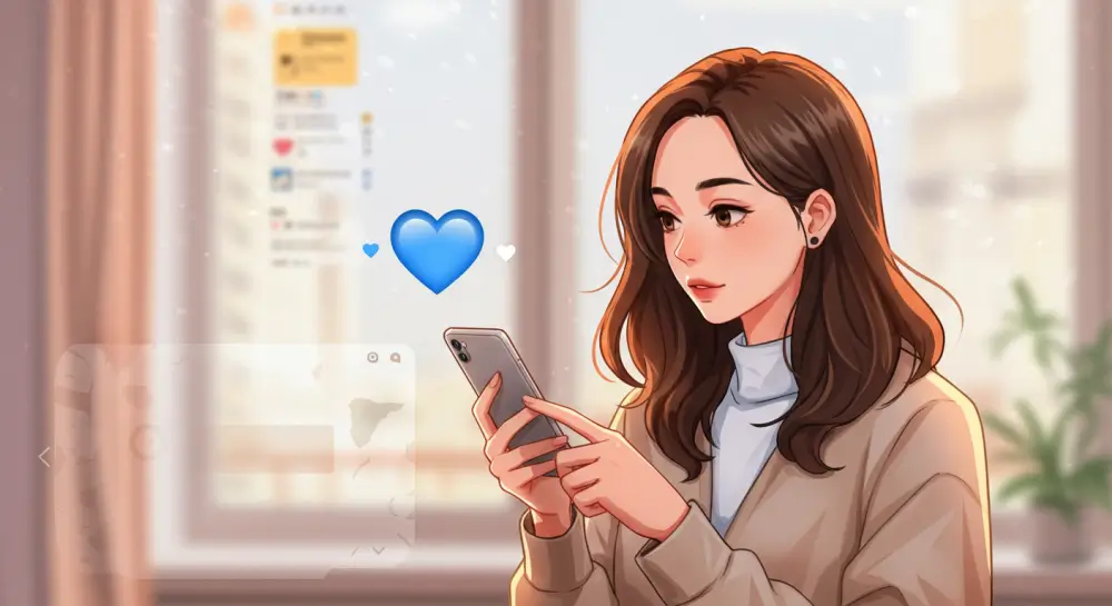 窓辺でスマホを操作する女性キャラクター。画面には青いハートの絵文字が浮かび、落ち着いた私服姿のイラスト。