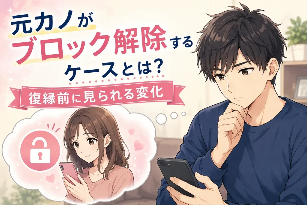 元カノがブロック解除するケースについて悩みながらスマホを見る男性と、復縁前の変化をイメージしたアニメ風イラスト
