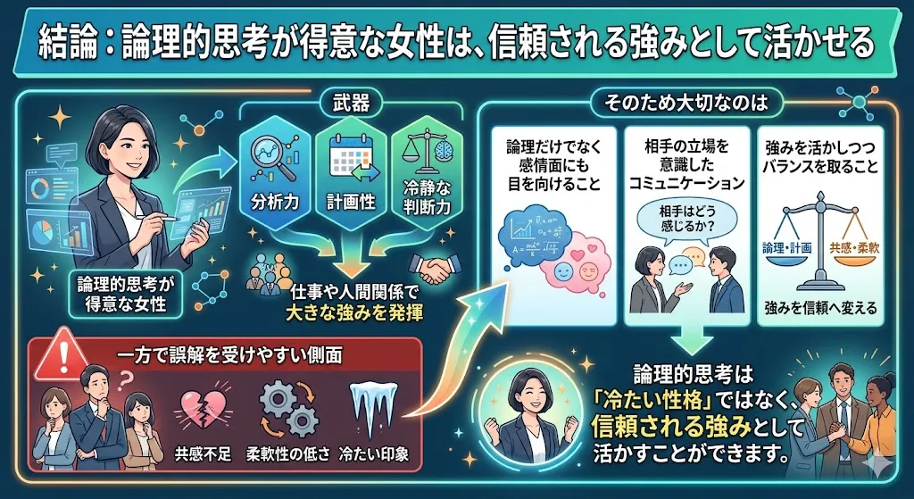 論理的思考が得意な女性の特徴と強み・デメリット・活かし方をまとめた図解