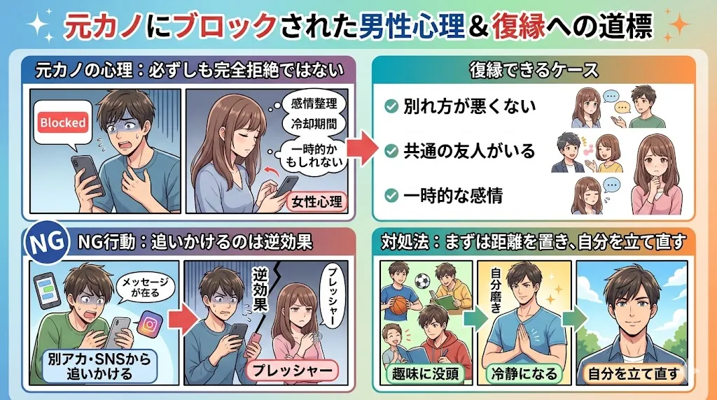 元カノにブロックされた男性心理と復縁できるケース、NG行動や正しい対処法をまとめた図解イラスト