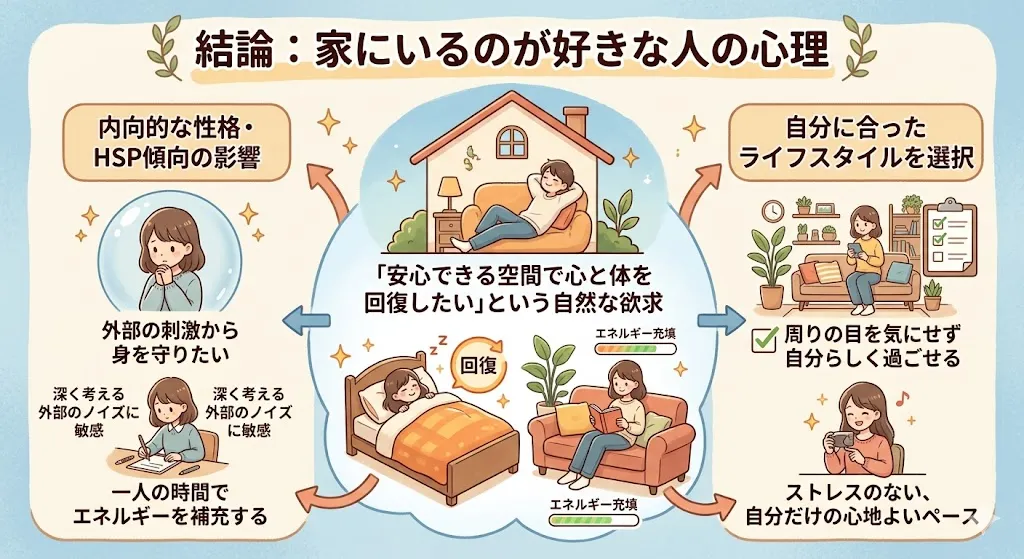 家にいるのが好きな人の心理を解説した図解（内向的性格・HSP・安心できる空間・ライフスタイルの関係）