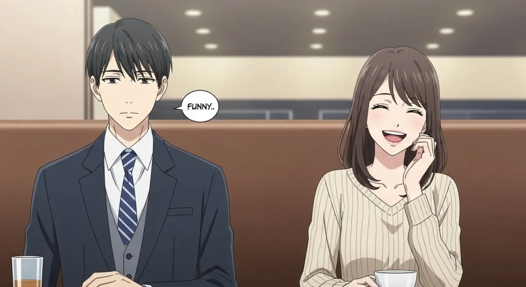 大人しいけど面白い男性が会話で女性を笑わせている様子