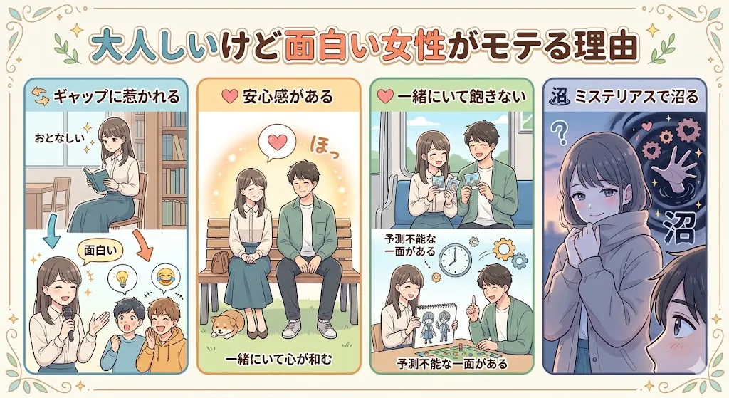 大人しいけど面白い女性がモテる理由｜ギャップ・安心感・飽きない・ミステリアス