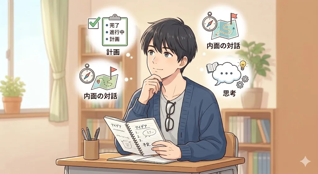 大人しい性格が行動力につながる仕組み｜内面の対話と計画・思考を表した図