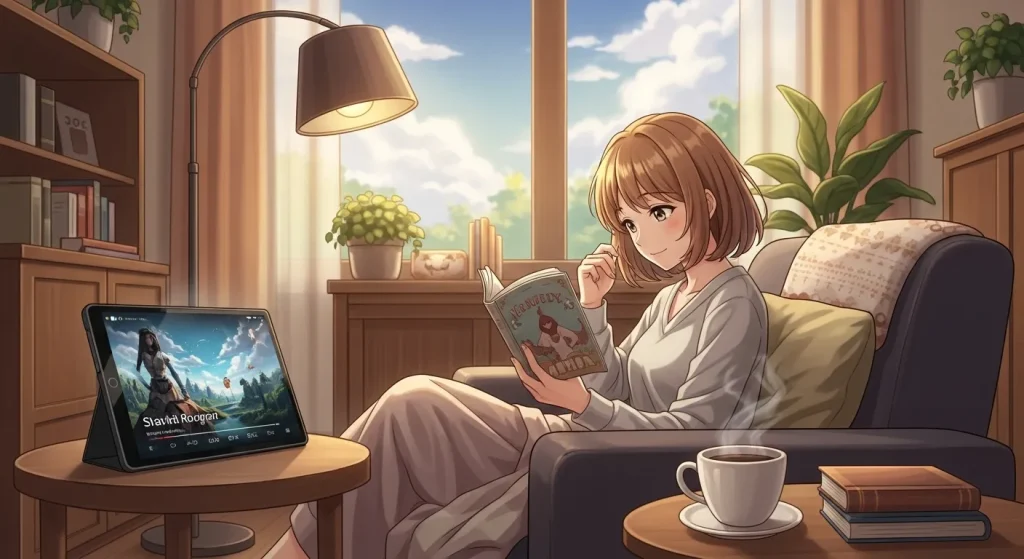 家にいるのが好きな人の過ごし方（自宅で読書やコーヒーを楽しむ女性のイメージ）