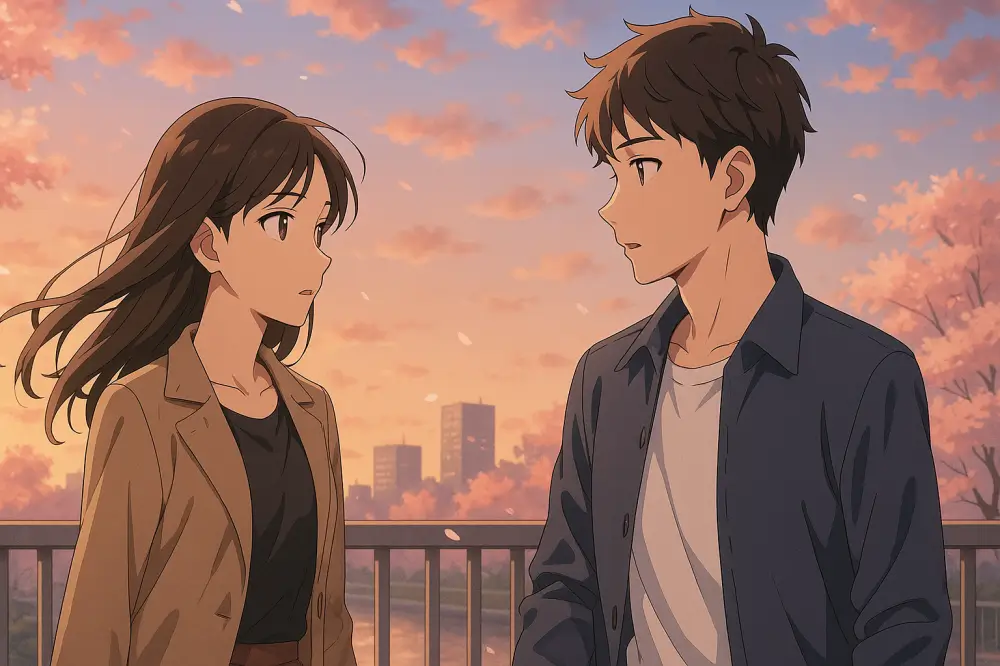 橋の上ですれ違う男女。夕暮れの桜並木の中、目が合うか合わないかの一瞬に緊張感と再会の期待を感じさせるイラスト