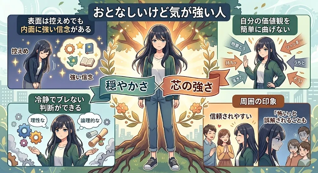 おとなしいけど気が強い人の特徴と心理をわかりやすくまとめたイメージ