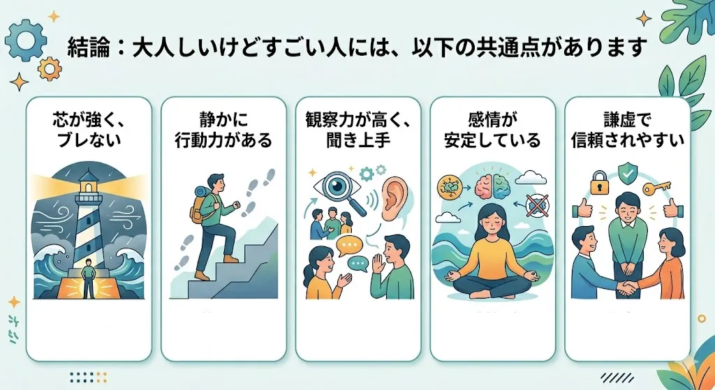 大人しいけどすごい人の共通点｜芯の強さ・行動力・観察力・冷静さ・信頼性を示したイラスト