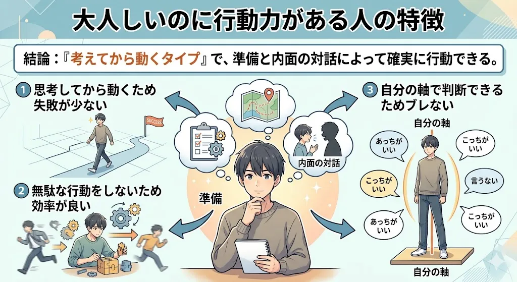 大人しいのに行動力がある人の特徴を解説した図｜思考・準備・判断の仕組み