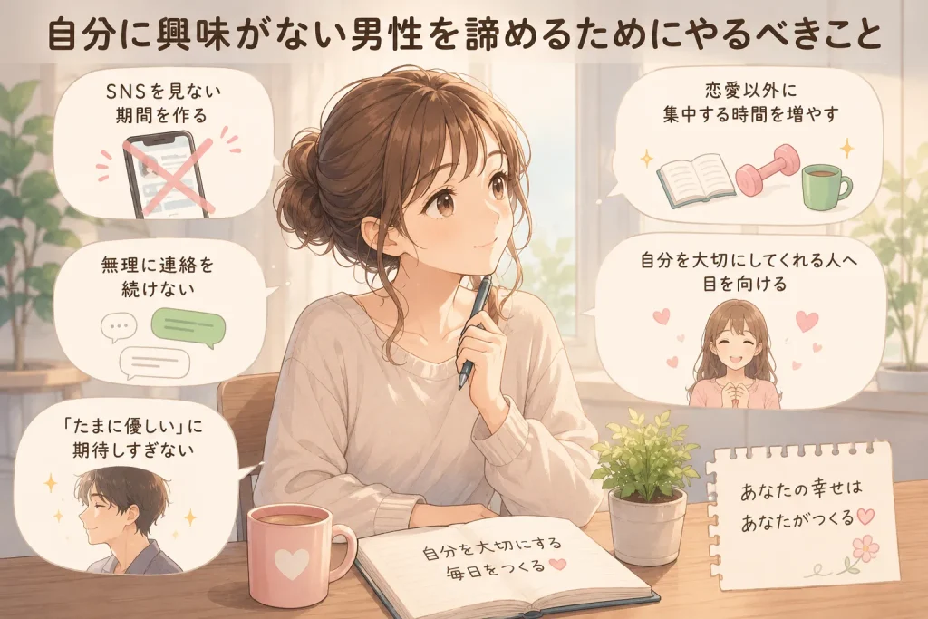 自分に興味がない男性を諦めるために、自分磨きや気持ちの整理を始める女性のアニメイラスト