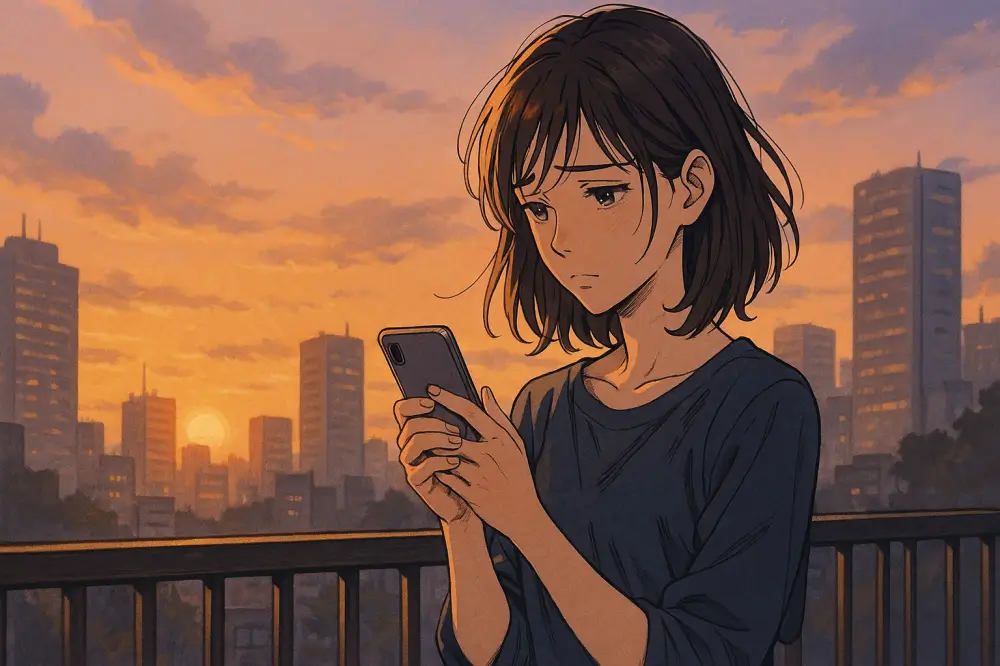 カフェの窓際で物思いにふける男性。夕方の光に照らされながら、真剣な表情で恋愛について考えるシーン