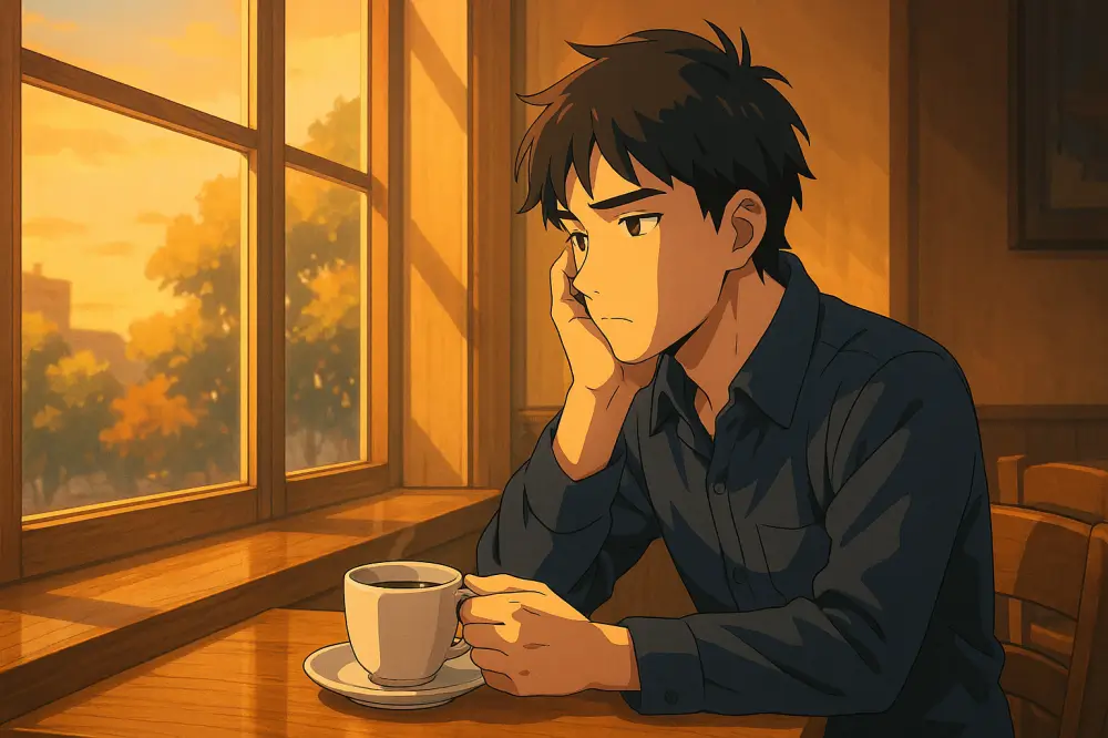 カフェの窓際で物思いにふける男性。夕方の光に照らされながら、真剣な表情で恋愛について考えるシーン