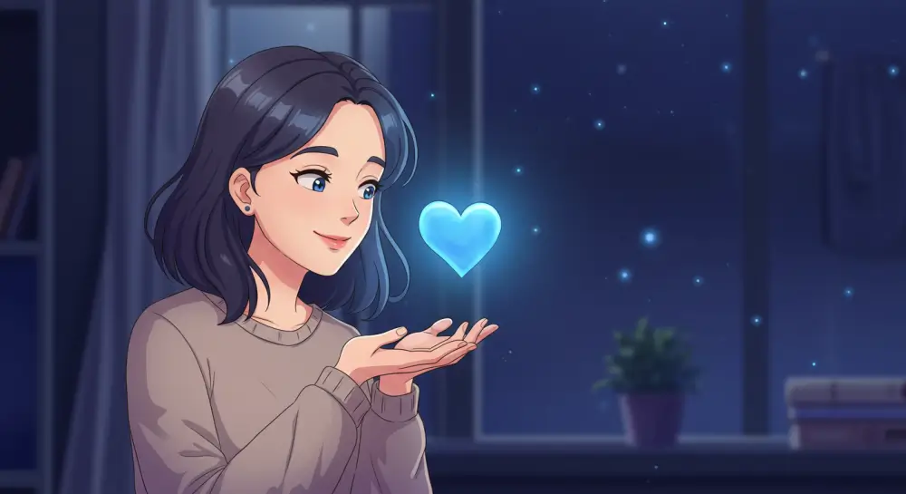 夜の部屋で、手のひらに青いハートを浮かべて微笑む女性キャラクター。安心感と信頼を感じさせる落ち着いたイラスト。