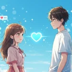 青いハート絵文字の意味を表現したアニメ風イラスト。青空の下、私服姿の男女が向かい合い、間には青いハート💙が浮かぶ。SNSや恋愛を連想させる優しい雰囲気