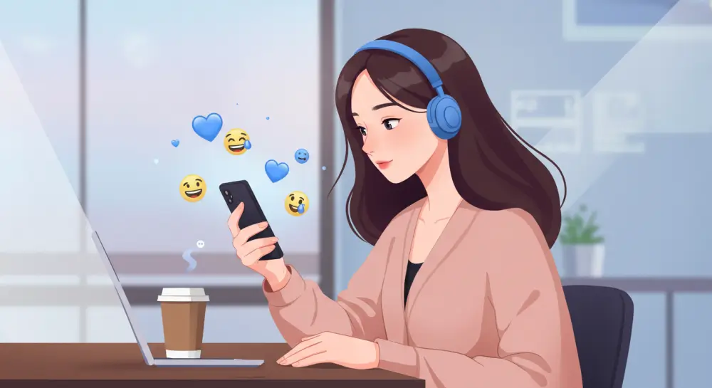 ヘッドホンをつけてカフェ風の場所でスマホを操作する女性キャラクター。スマホ画面から青いハートや笑顔の絵文字が浮かび上がり、SNSの楽しさと落ち着いた雰囲気を感じさせイラスト。