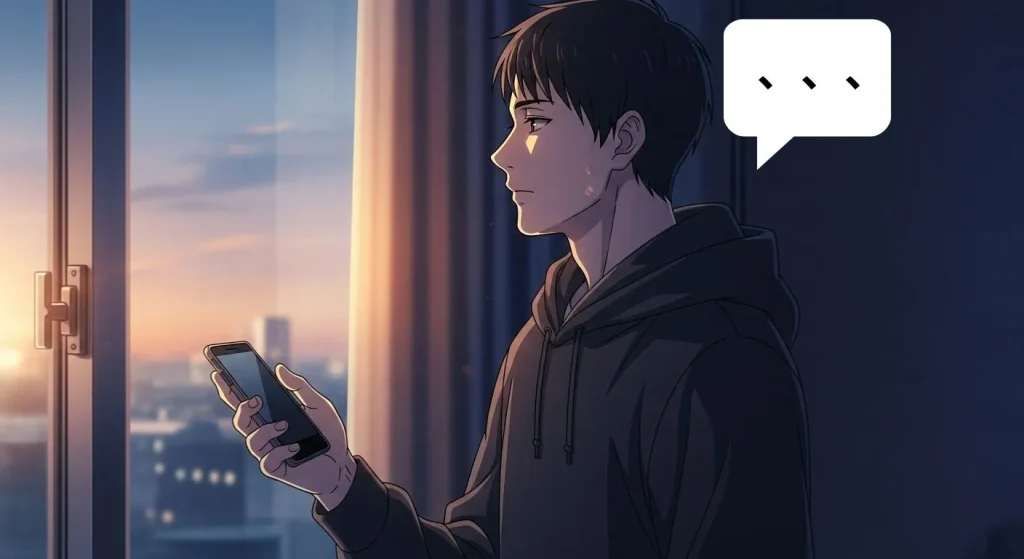 スマホを持ちながら窓の外を見つめる男性のアニメイラスト。沈黙や優しさ、迷いを表現した静かなシーン。