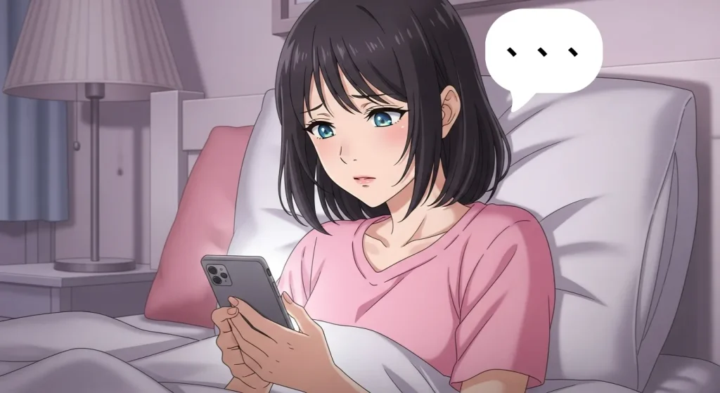 ベッドの上でスマートフォンを手に悩む女性。優しさと戸惑いの入り混じった表情を見せるアニメイラスト。
