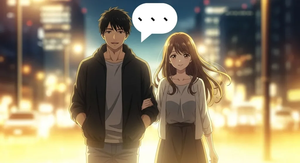 夜の街を歩く男女の後ろ姿のアニメイラスト。柔らかな光が二人を包み、穏やかな関係性を象徴している。