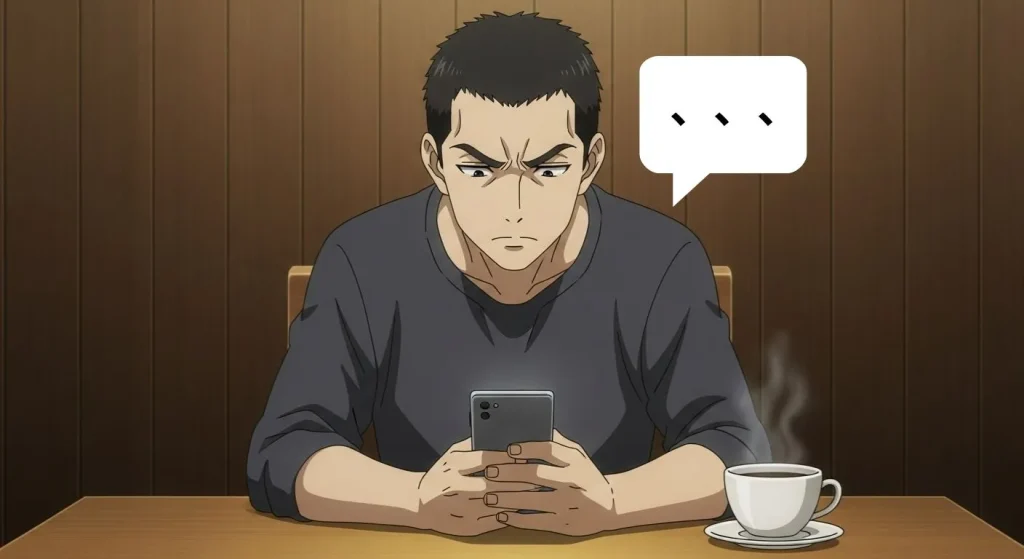 カフェでスマホを見つめる男性のアニメイラスト。真剣な表情で考え込む姿が、内に秘めた本音を象徴している。
