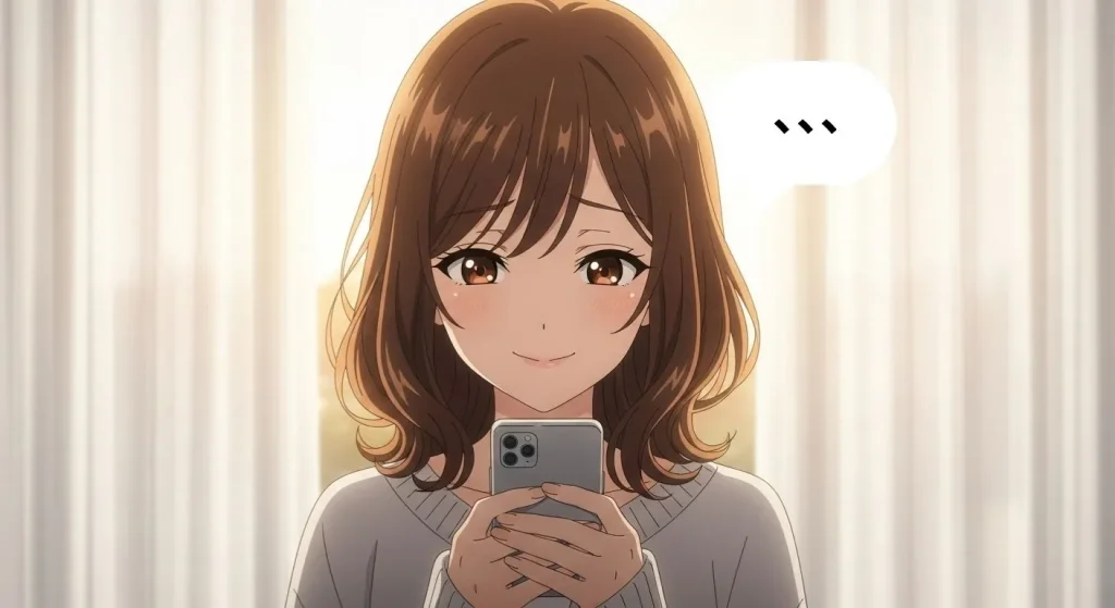 部屋の中でスマホを見つめて微笑む女性のアニメイラスト。男性の曖昧なメッセージに前向きに対応する姿。