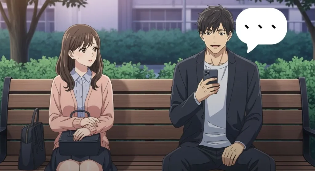 夕暮れの公園でベンチに座る男女のアニメイラスト。男性は微笑み、女性は少し戸惑う表情で曖昧な距離感を表現。