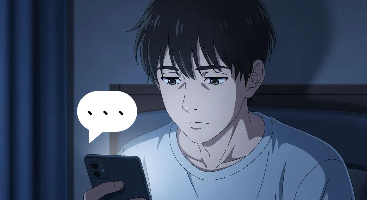 夜の部屋でスマホを見つめる男性のイラスト。LINEの「、、、」に込めた男性の心理を考える様子を描いた構図。