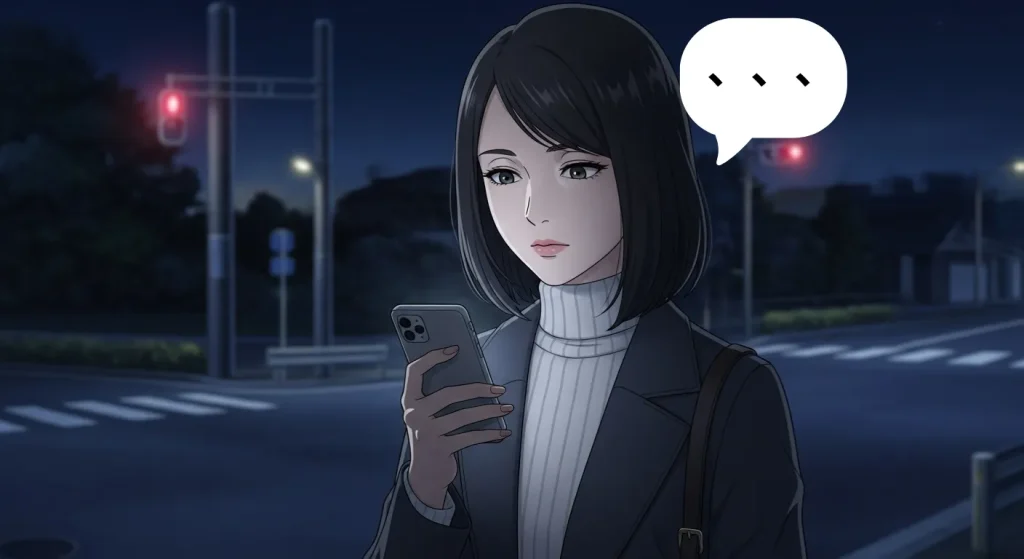 夜の街角でスマートフォンを見つめる女性。静かな表情の奥に、恋の駆け引きを感じさせるアニメイラスト。