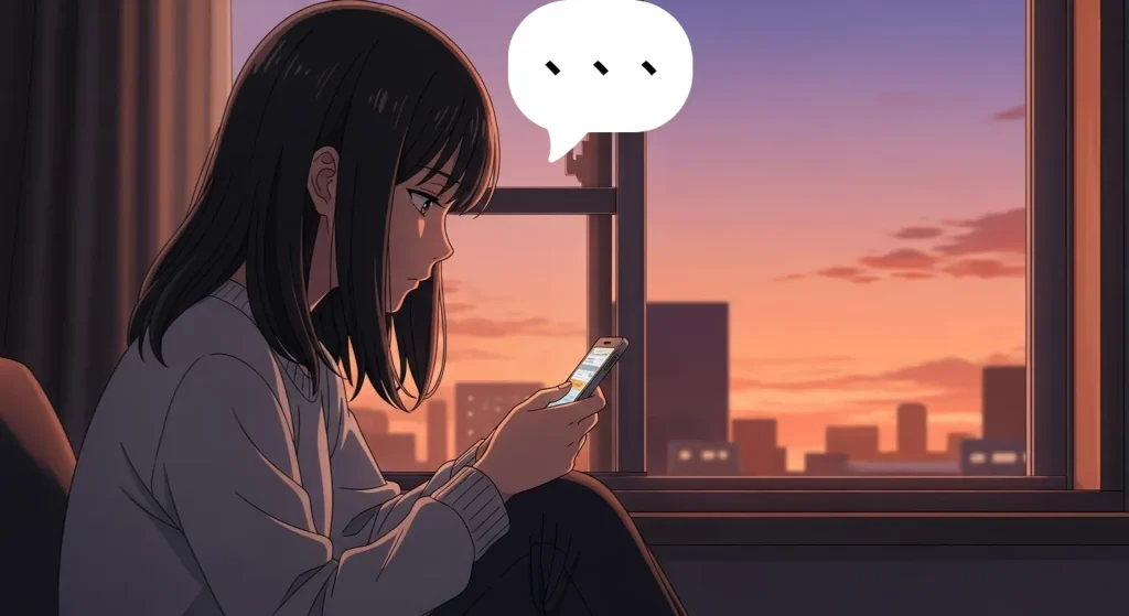 窓辺でスマートフォンを見つめる女性。夕暮れの光に照らされ、心の揺れを感じさせる雰囲気のアニメイラスト。