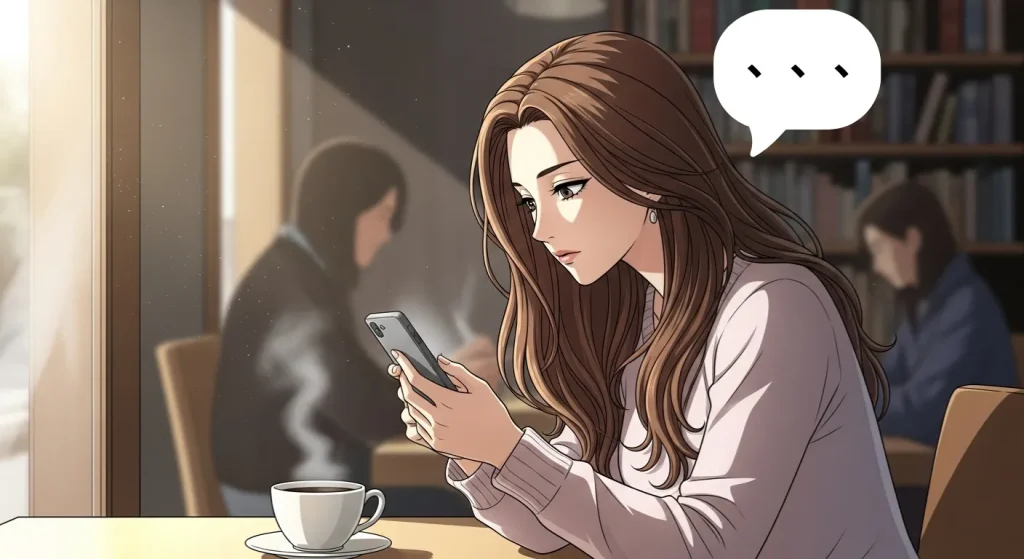 カフェでスマートフォンを見つめる女性。感受性が豊かで繊細な雰囲気を表すアニメイラスト。