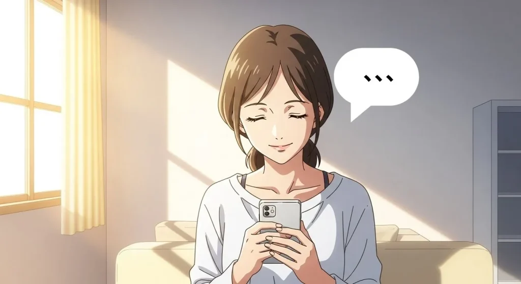 朝の光の中、スマホを閉じて微笑む女性のアニメイラスト。心の整理と前向きな気持ちを表現した明るいシーン。