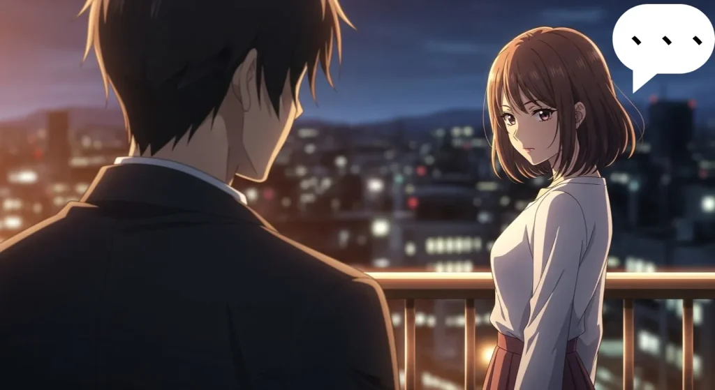 夜の街で女性を見つめる男性。女性は少し目をそらし、ミステリアスな表情を浮かべているアニメイラスト。