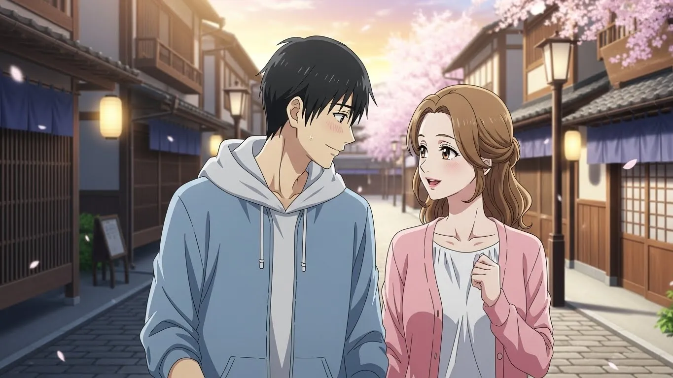 春の街並みを背景に、穏やかに話しながら歩く男女のアニメイラスト。男性は少し照れながらも優しく微笑み、会うと態度が変わる瞬間を描写している。