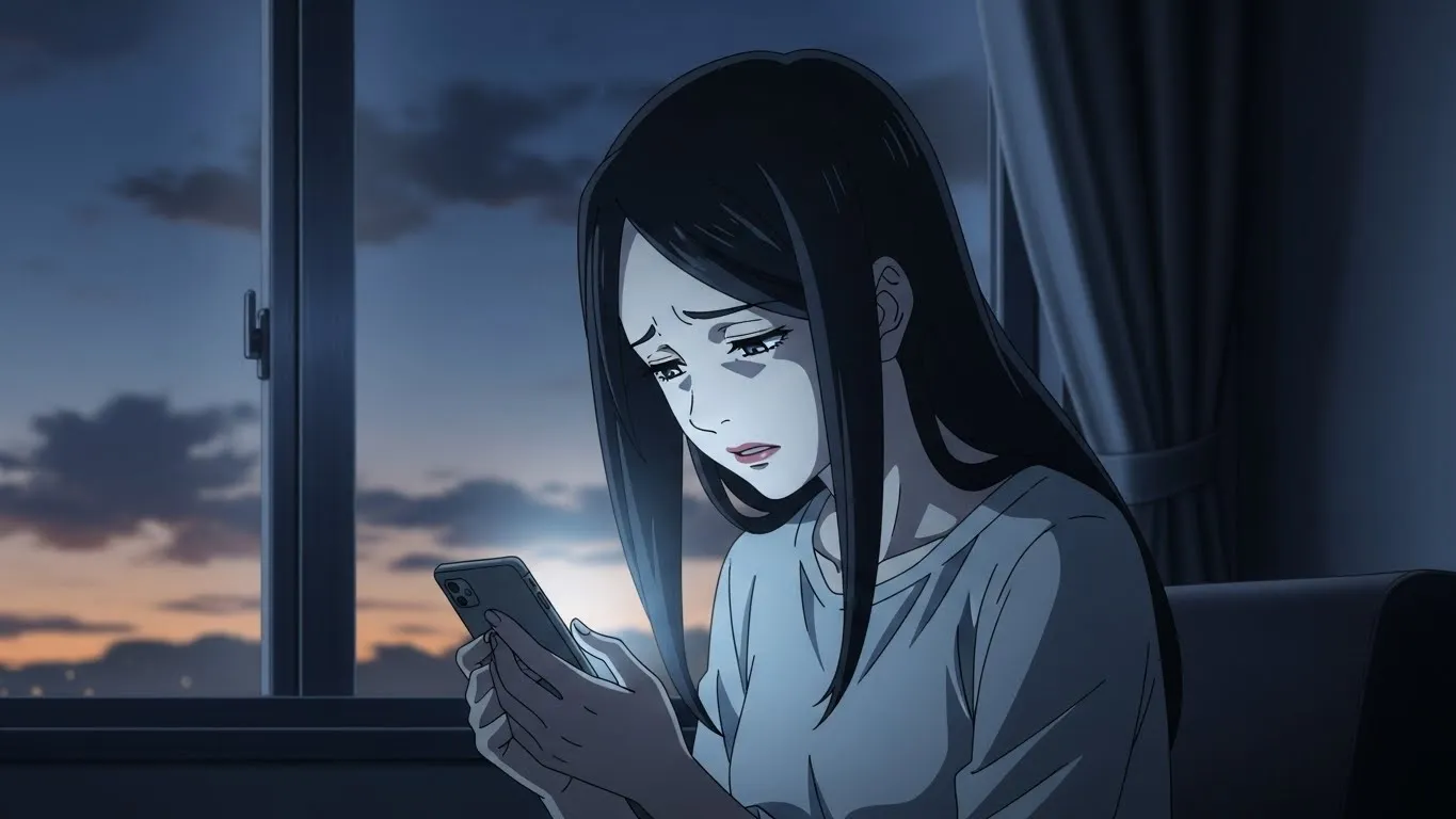 スマホを見つめながら少し寂しそうな表情を浮かべる女性のアニメイラスト。夜の部屋で窓の外に夕暮れが広がり、LINEの返信を待っている切ない雰囲気を表現。